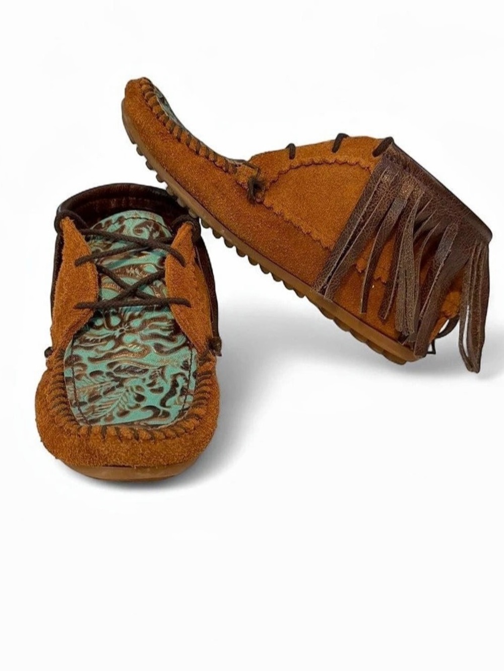 Minnetonka Fringe Moccasin Brown & turquoise US 9